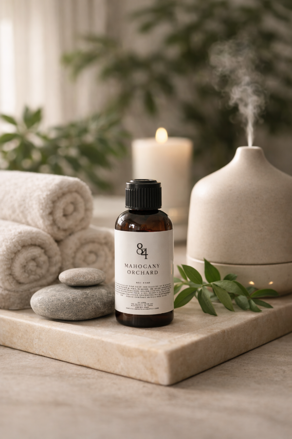 Bottle of 'Mahogany Orchard' essential oil on a marble surface with candles and plants in the background