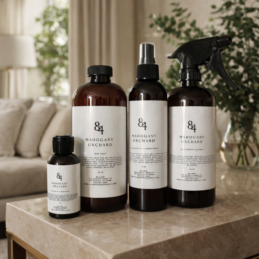 Set of 'Mahogany Orchard' skincare products on a marble surface with a blurred indoor background.